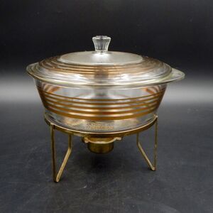 Inland Glass Gold Striped Casserole Lidded Dish Clear With Warming Stand
